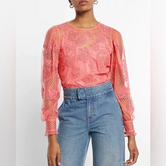 NWT Express Lace Long Sleeve Crew Swiss Dot Cami Pink Sexy Top XS - Picture 4 of 12